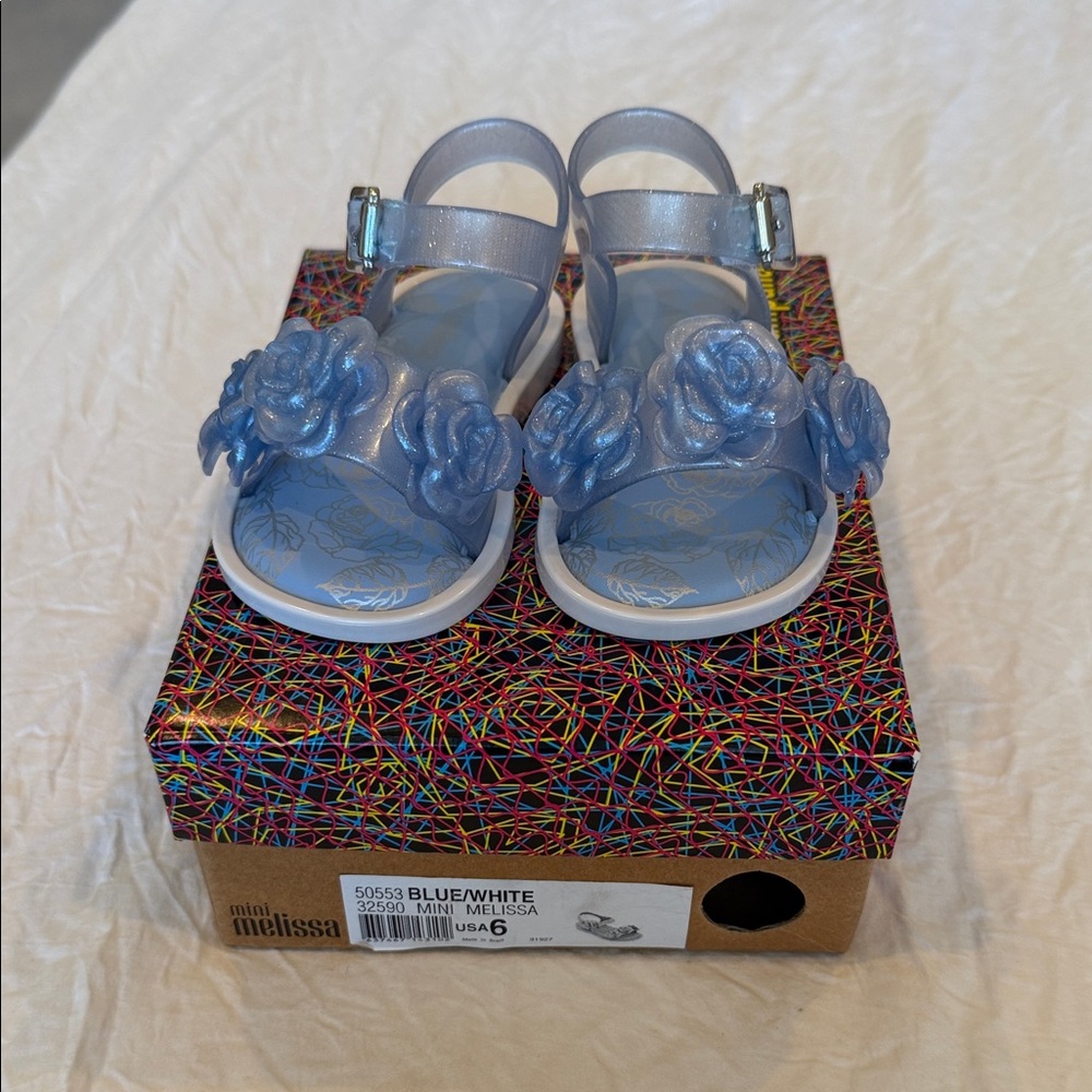 New in box Mini Melissa Kids Light Blue Floral Sandals